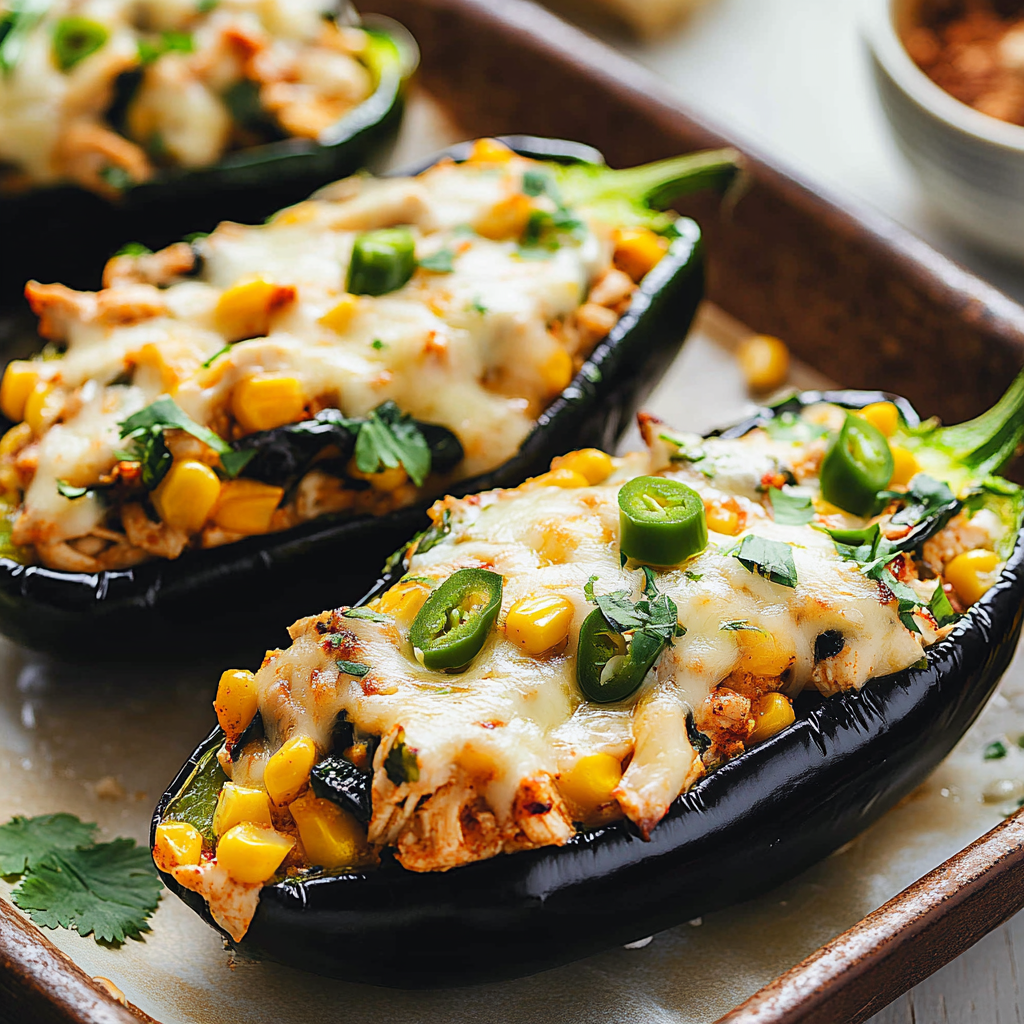 Cheesy Chicken and Corn Stuffed Poblano Peppers