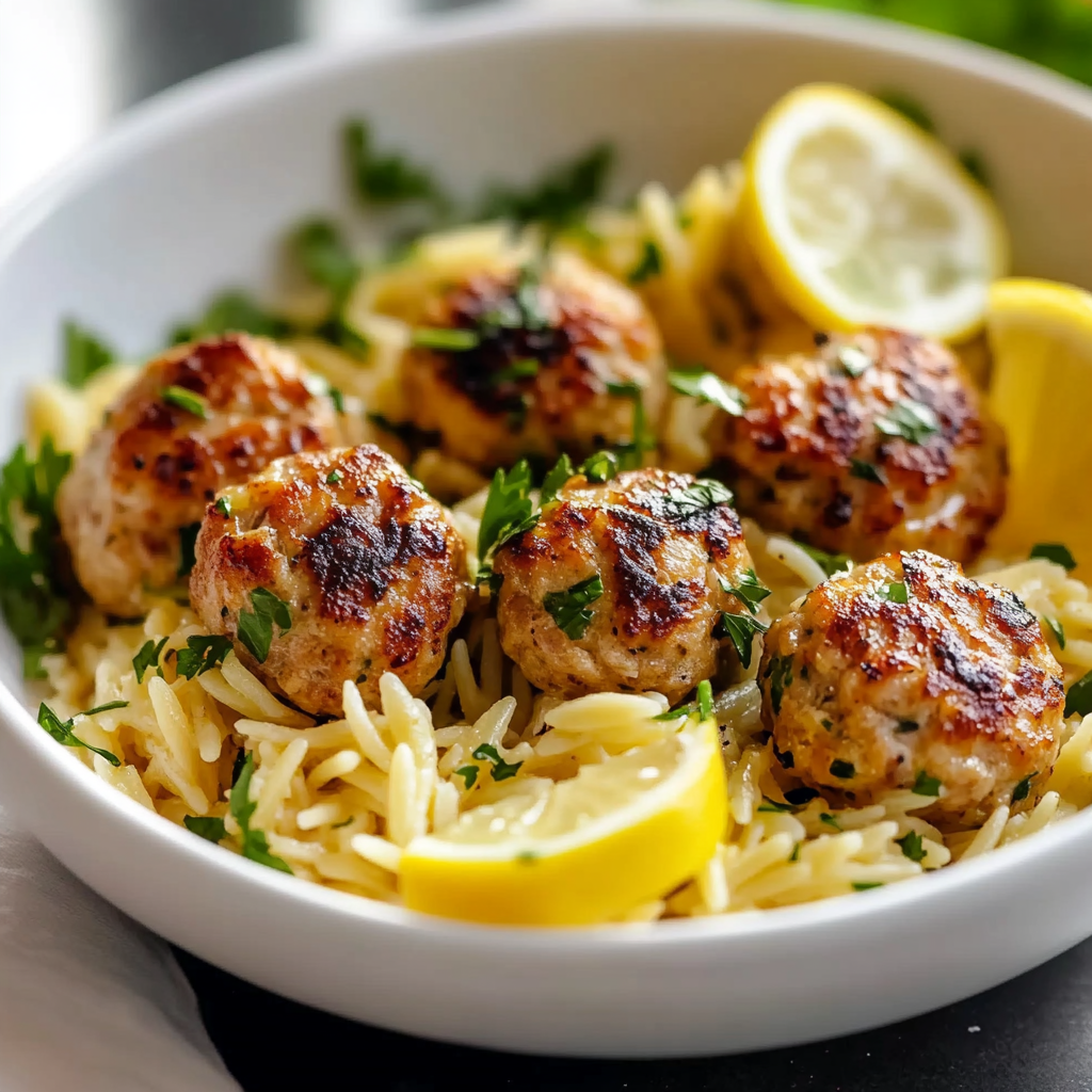 Greek Chicken Meatballs with Lemon Orzo Dish