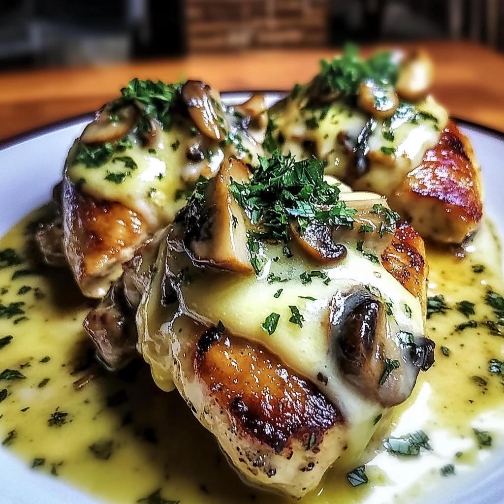 Recipe preparation for Cheesy Garlic Butter Mushroom Stuffed Chicken
