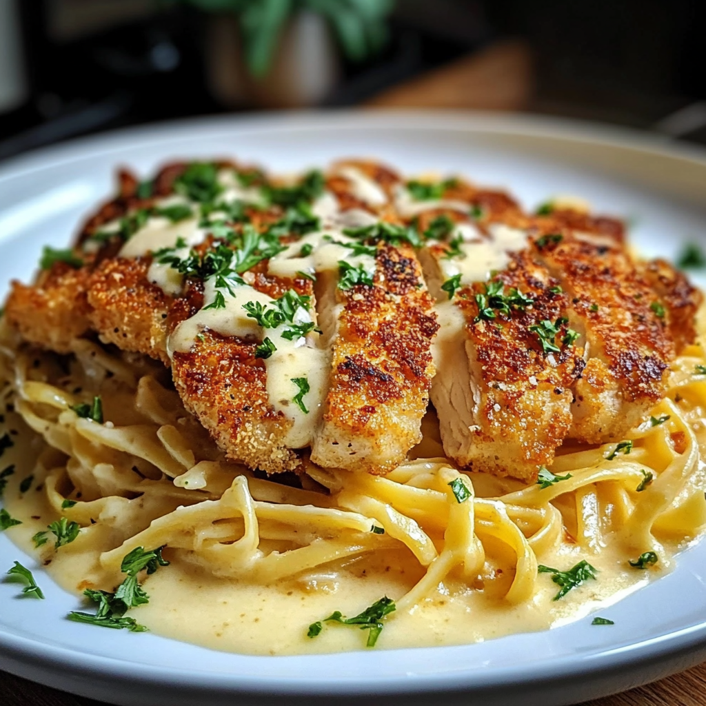 Recipe preparation for Crispy Chicken Fettuccine Alfredo
