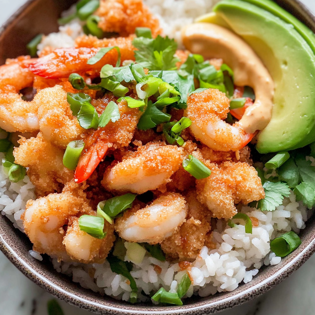 Recipe preparation for Bang Bang Shrimp Rice Bowl