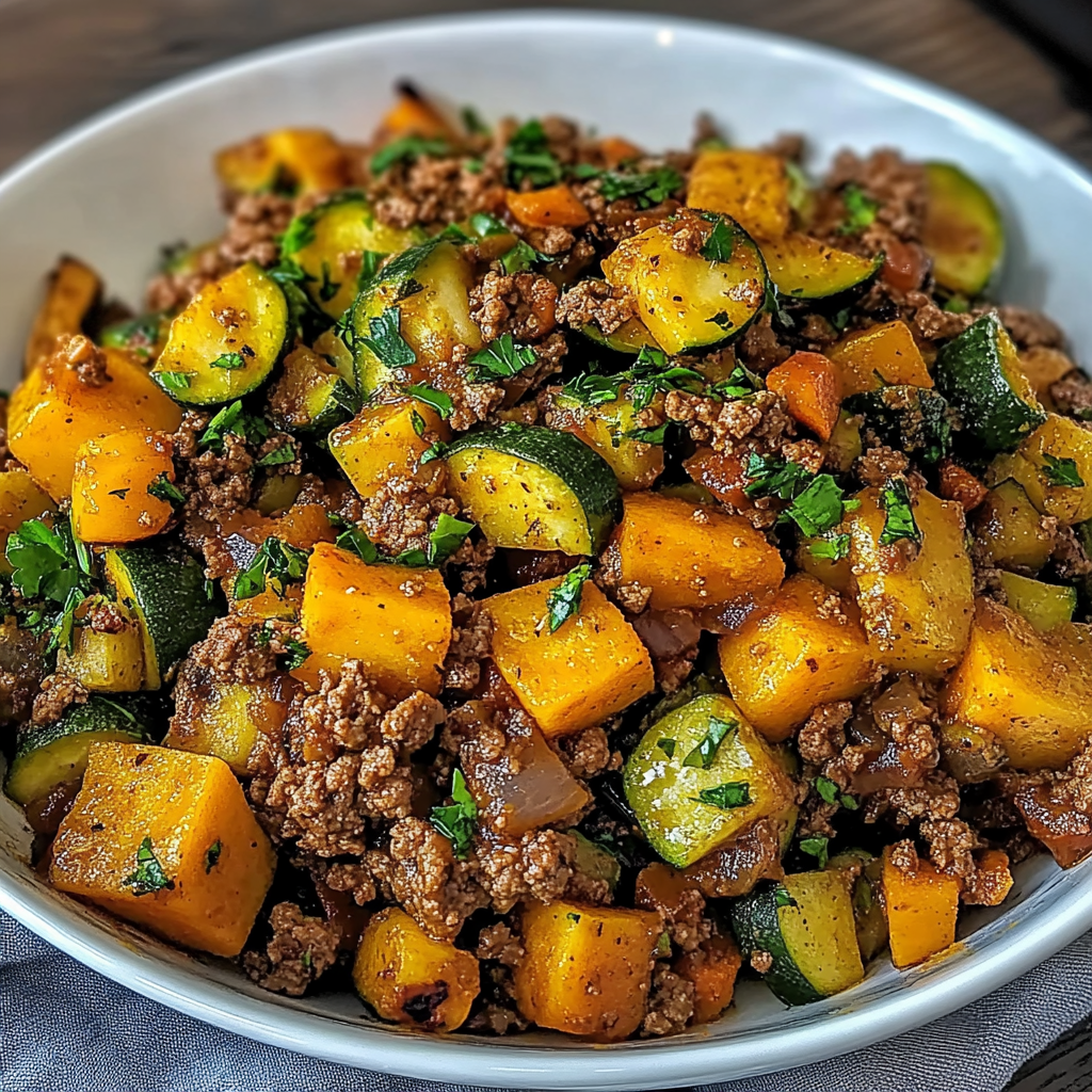 Recipe preparation for Ground Beef Zucchini Sweet Potato Skillet