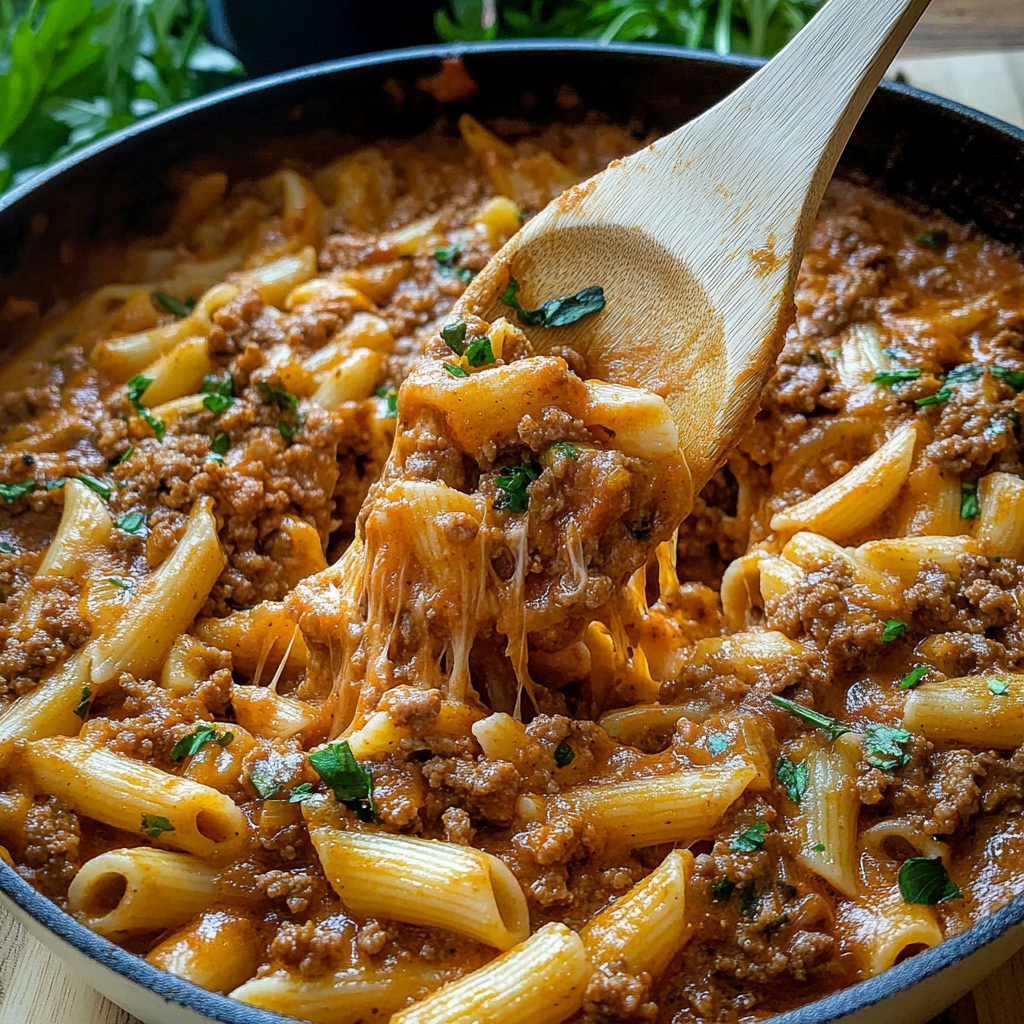 Recipe preparation for Cheesy Beef Pasta
