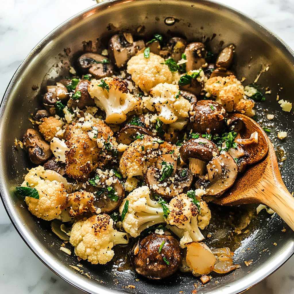 Recipe preparation for Garlic Mushrooms Cauliflower Skillet