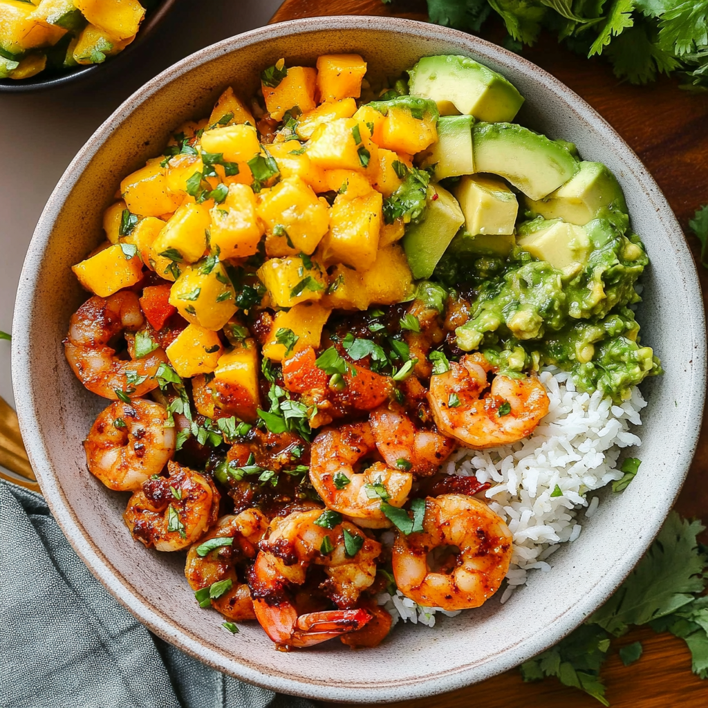 Recipe preparation for Shrimp Avocado Bowl with Mango Salsa