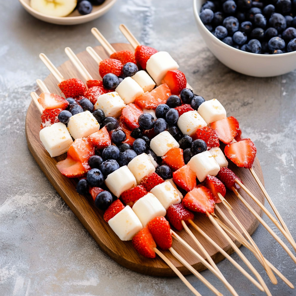 Recipe preparation for Red, White and Blue Fruit Kabobs