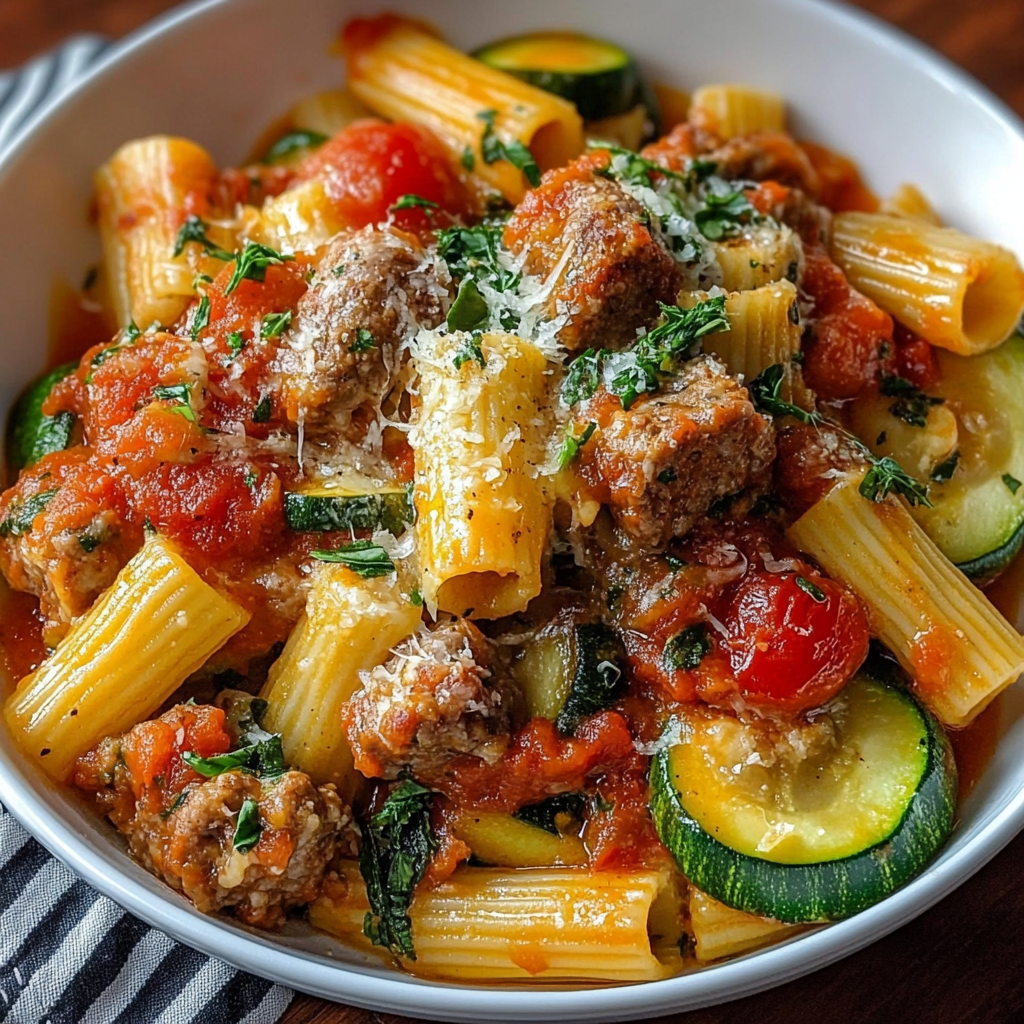 Recipe preparation for Rigatoni with Sausage, Tomatoes, and Zucchini