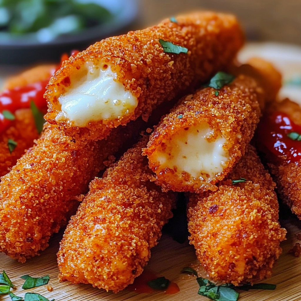 Recipe preparation for Hot Cheeto Mozzarella Sticks