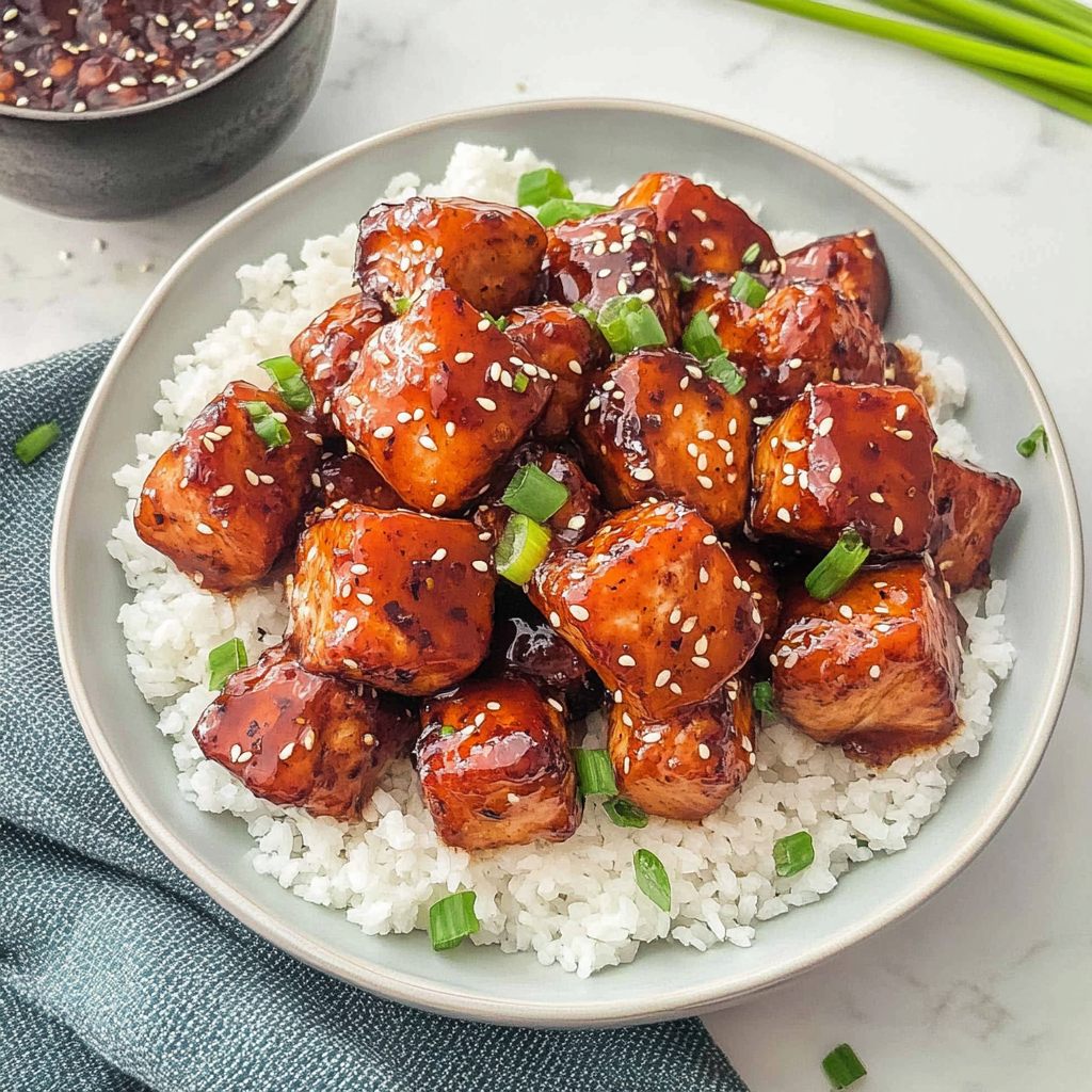 Recipe preparation for Honey Garlic Salmon Bites