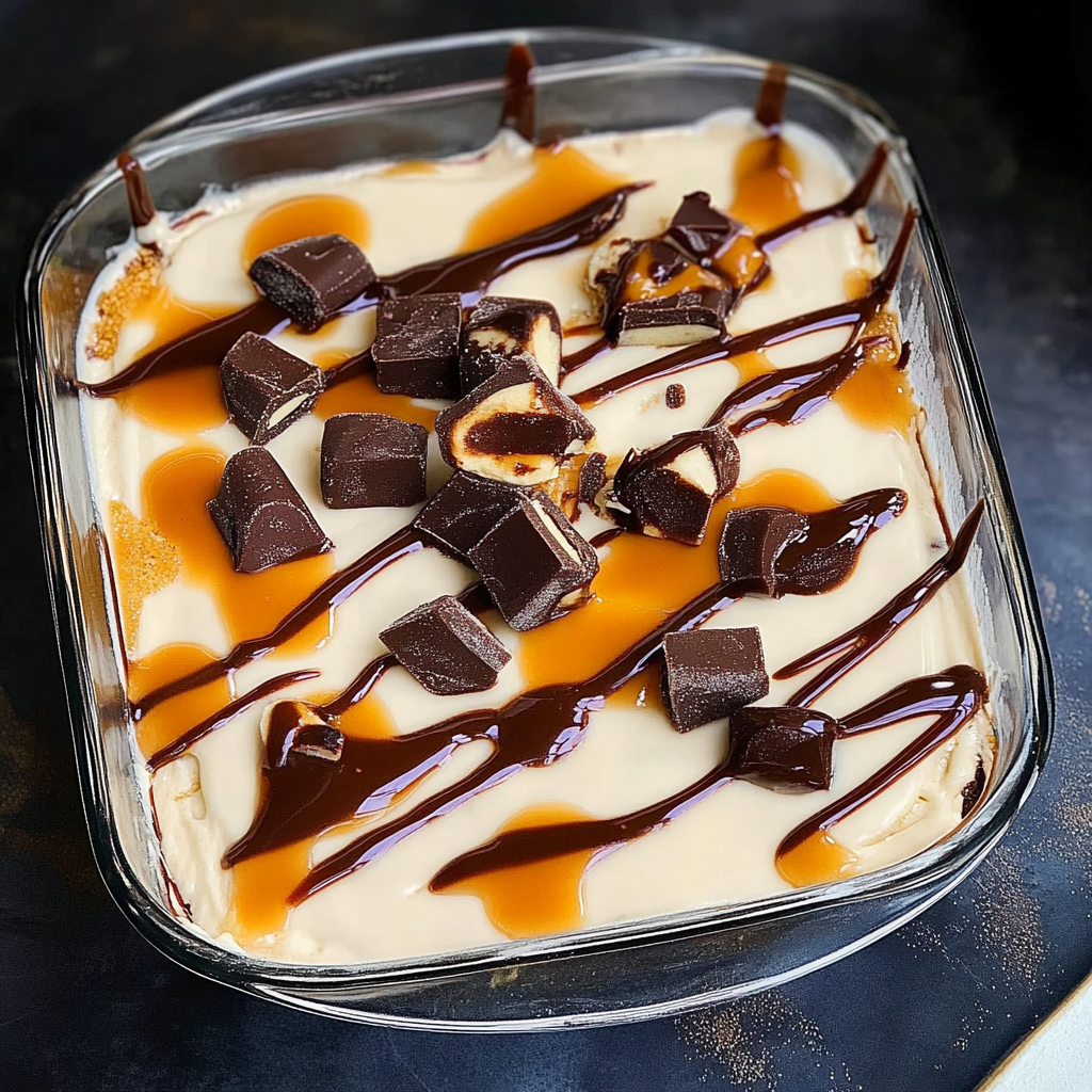 Recipe preparation for Twix Ice Cream Cake