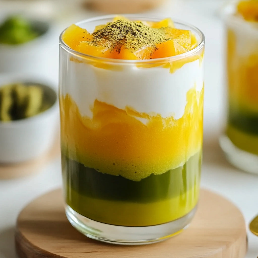 Recipe preparation for Iced Mango Matcha Latte Recipe