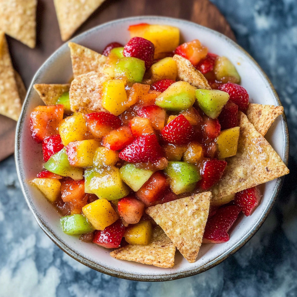 Recipe preparation for Fruit Salsa with Cinnamon Sugar Tortilla Chips