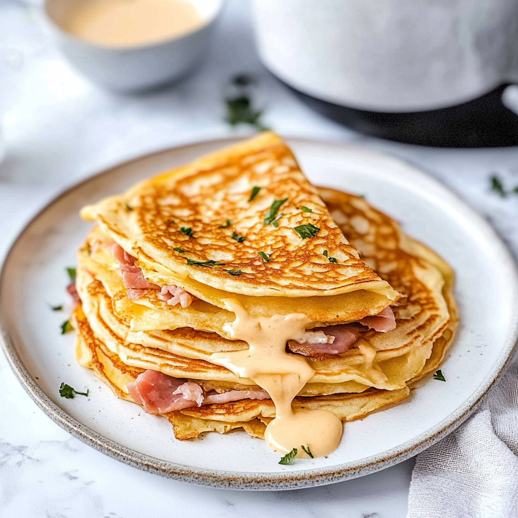 Recipe preparation for Cheese and Ham Pancakes