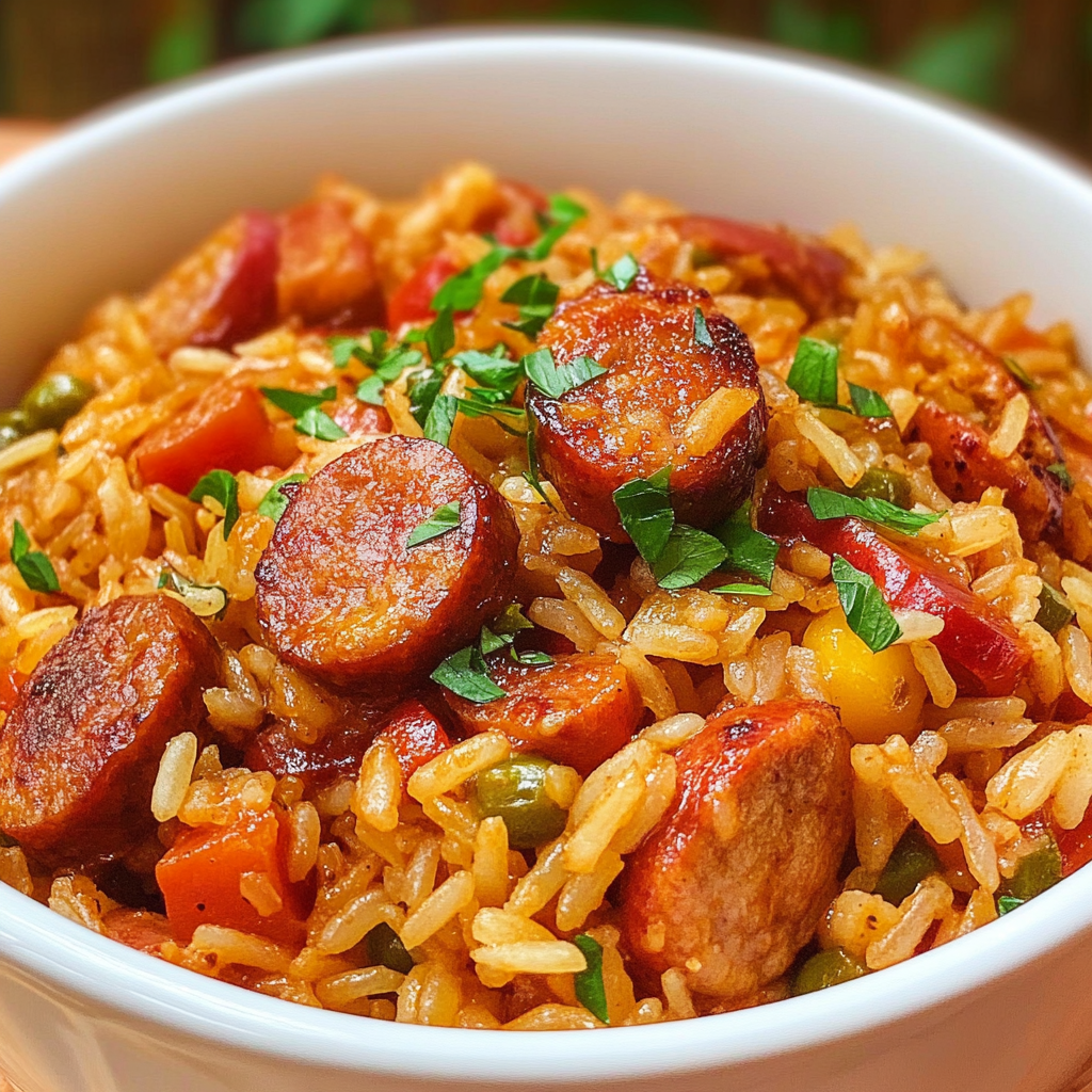 Recipe preparation for One Pot Smoked Sausage Rice