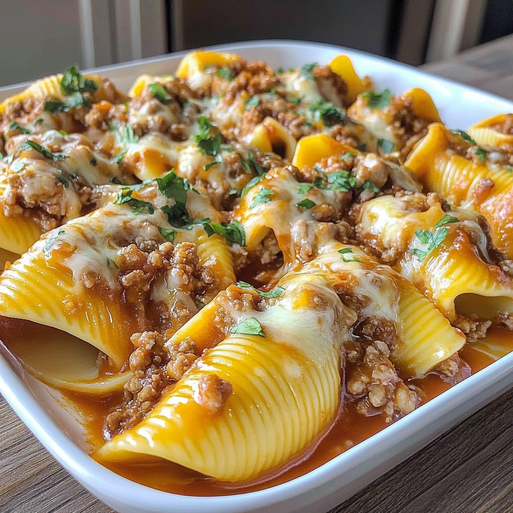 Recipe preparation for Cheesy Taco Stuffed Pasta Shells