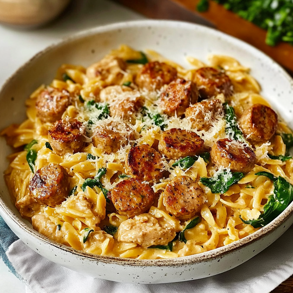 Recipe preparation for Creamy Chicken Sausage Orzo