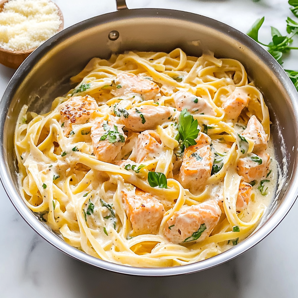 Recipe preparation for Salmon Fettuccine Creamy Alfredo