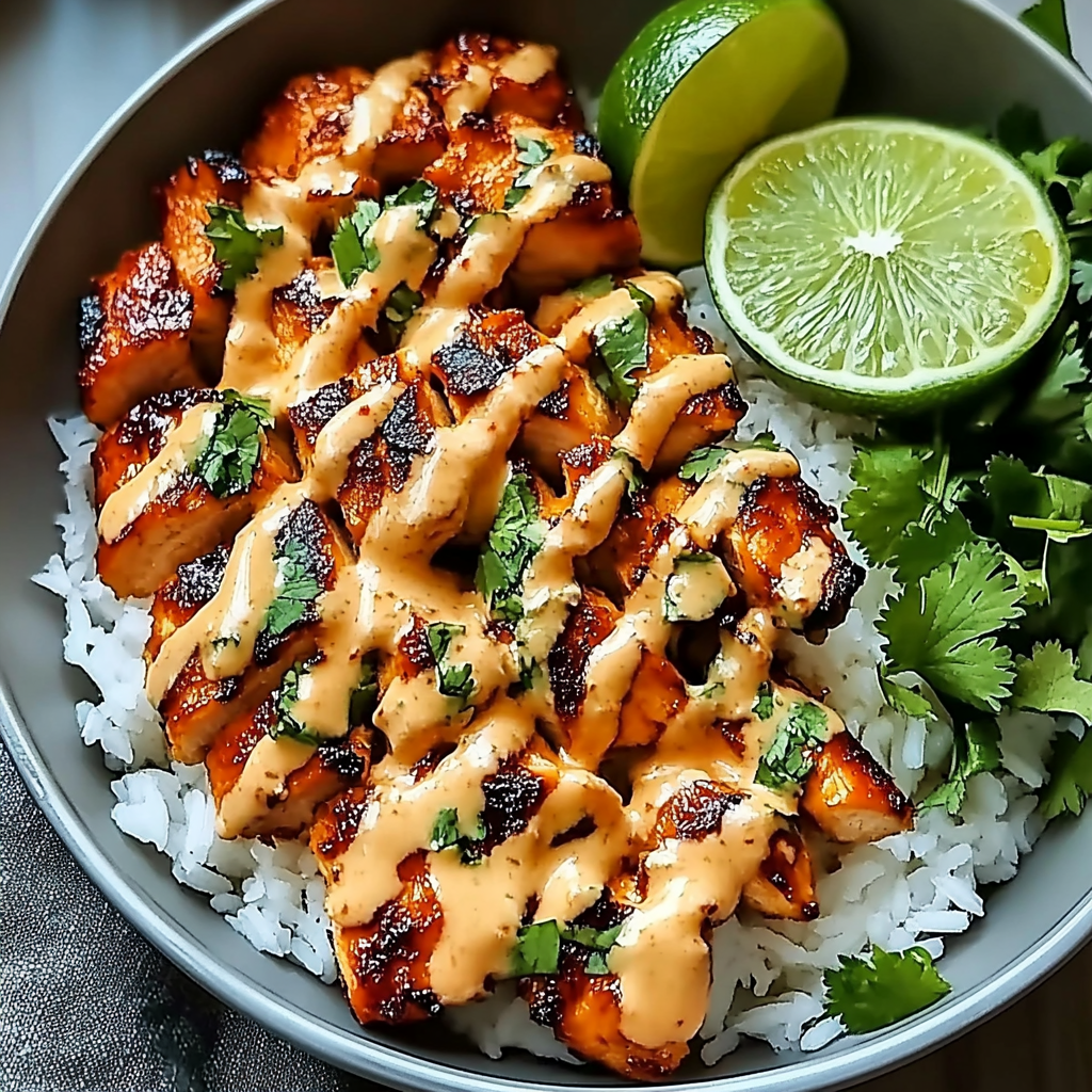 Recipe preparation for Sweet Chili Chicken Bowl with Coconut Lime Drizzle