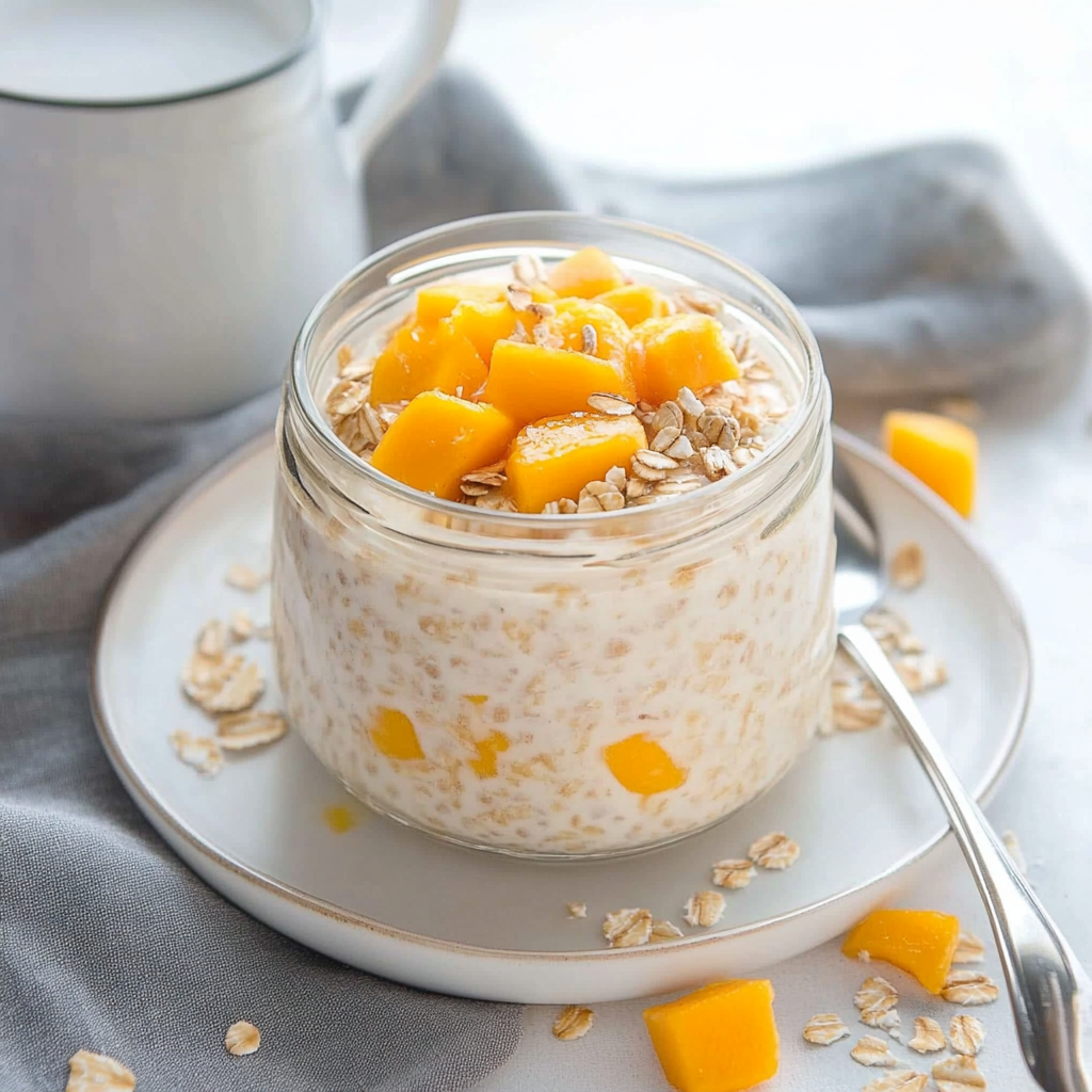 Recipe preparation for Creamy Mango Overnight Oats with Coconut Milk