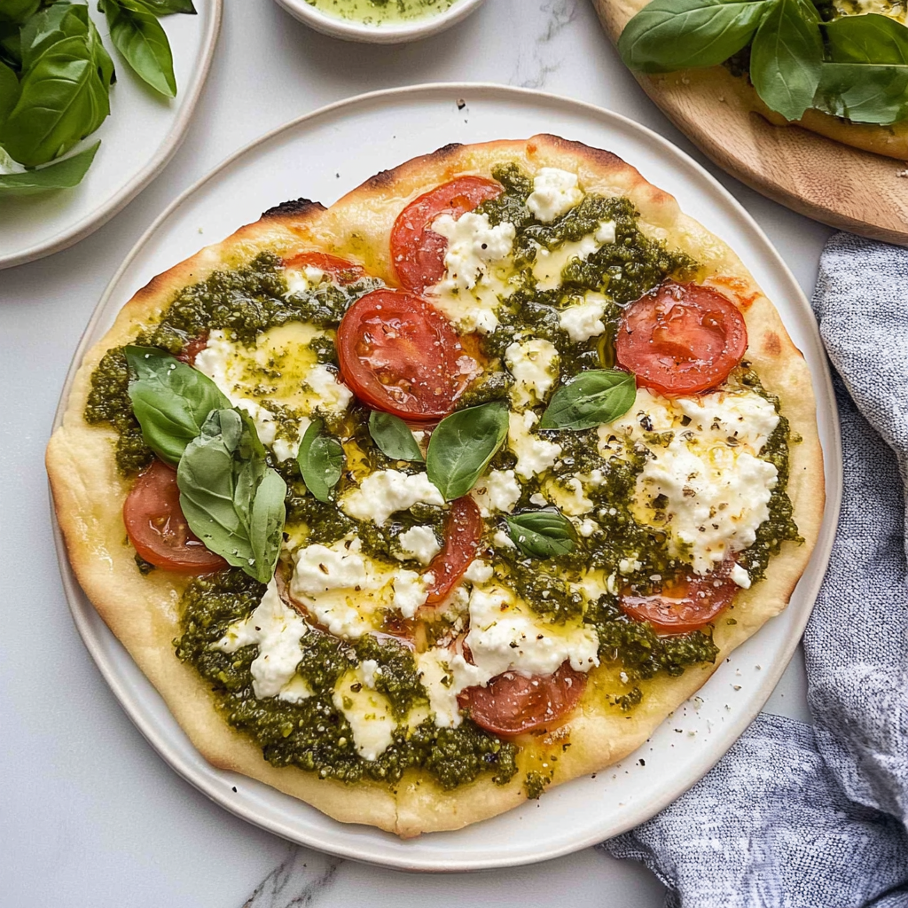 Recipe preparation for Pesto Flatbread Pizza