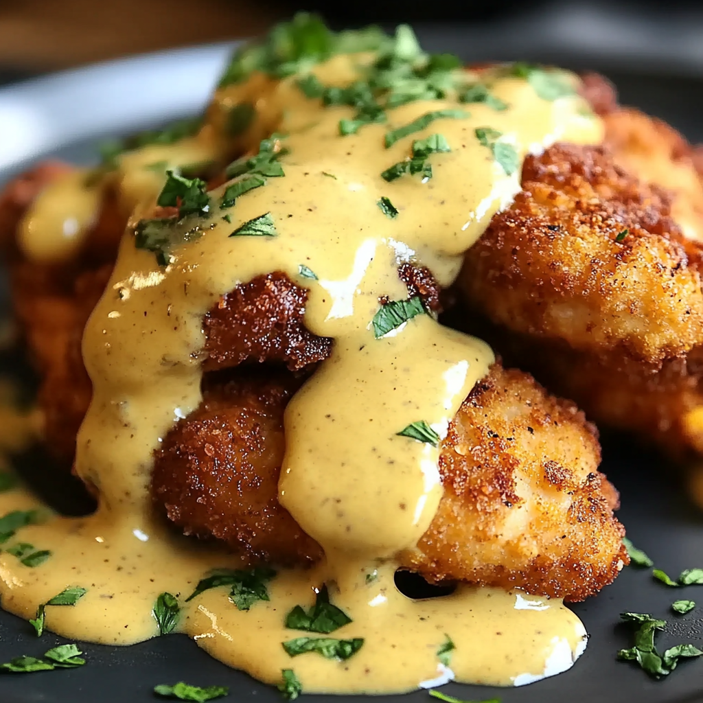 Recipe preparation for Pretzel Chicken with Mustard-Cheddar Sauce