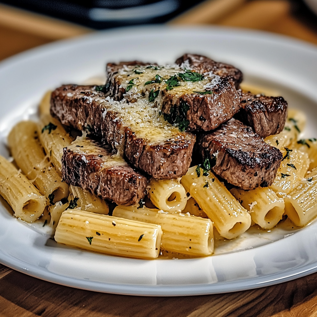 Recipe preparation for Mouthwatering Garlic Butter Steak with Cheesy Rigatoni