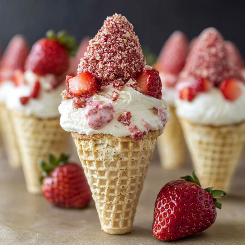 Recipe preparation for Strawberry Crunch Cheesecake Cones