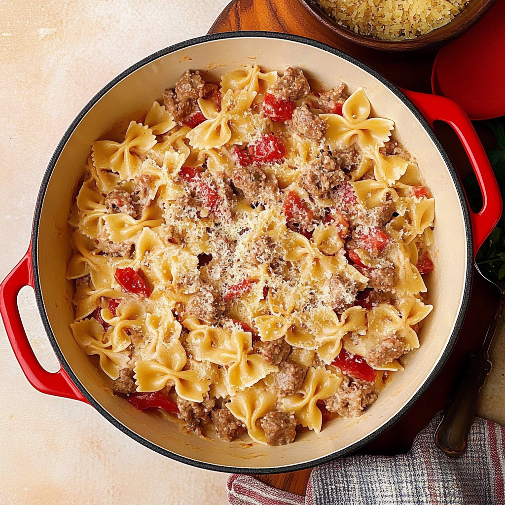 Recipe preparation for Italian Sausage with Bow Tie Pasta