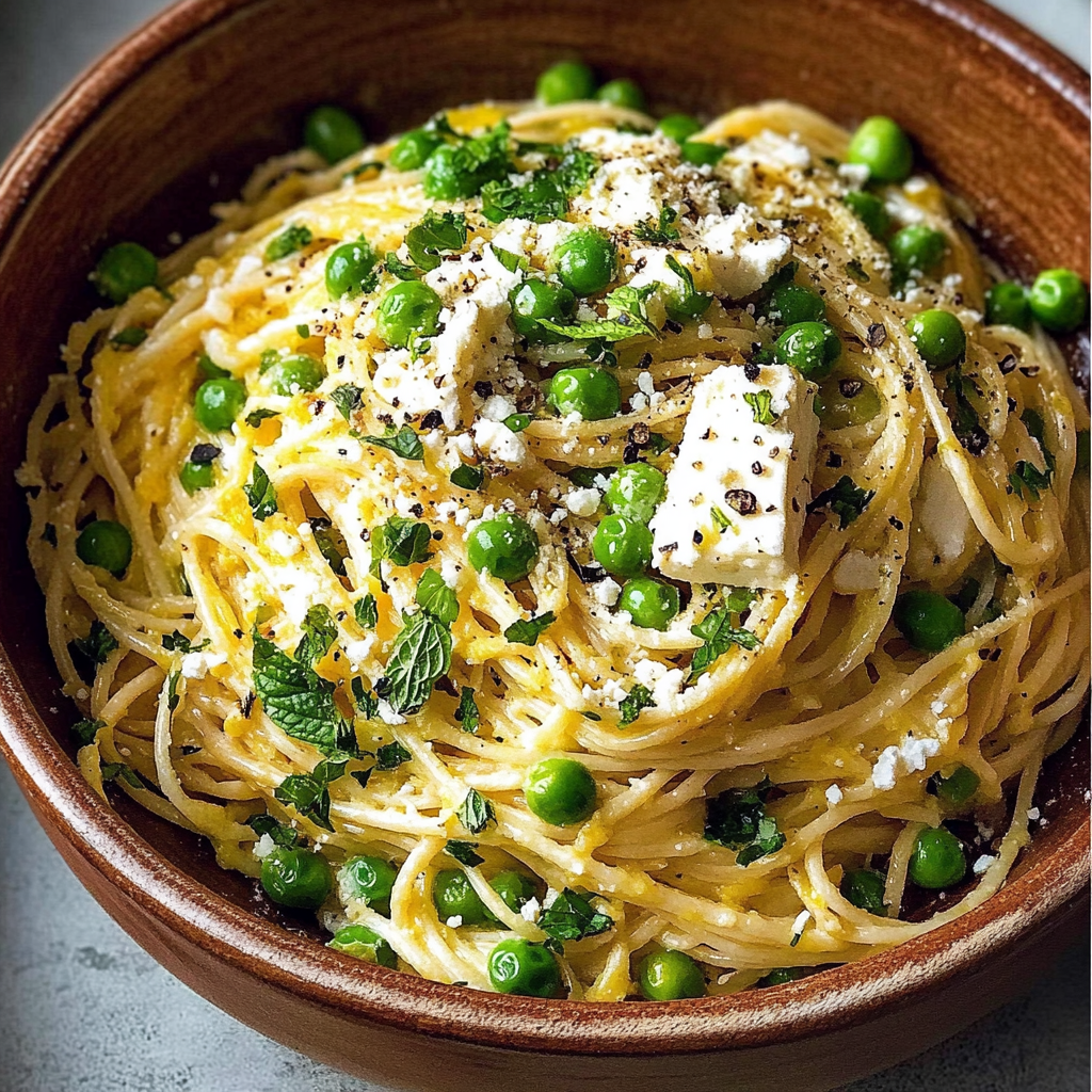 Recipe preparation for Spaghetti Goat Cheese Mint Peas