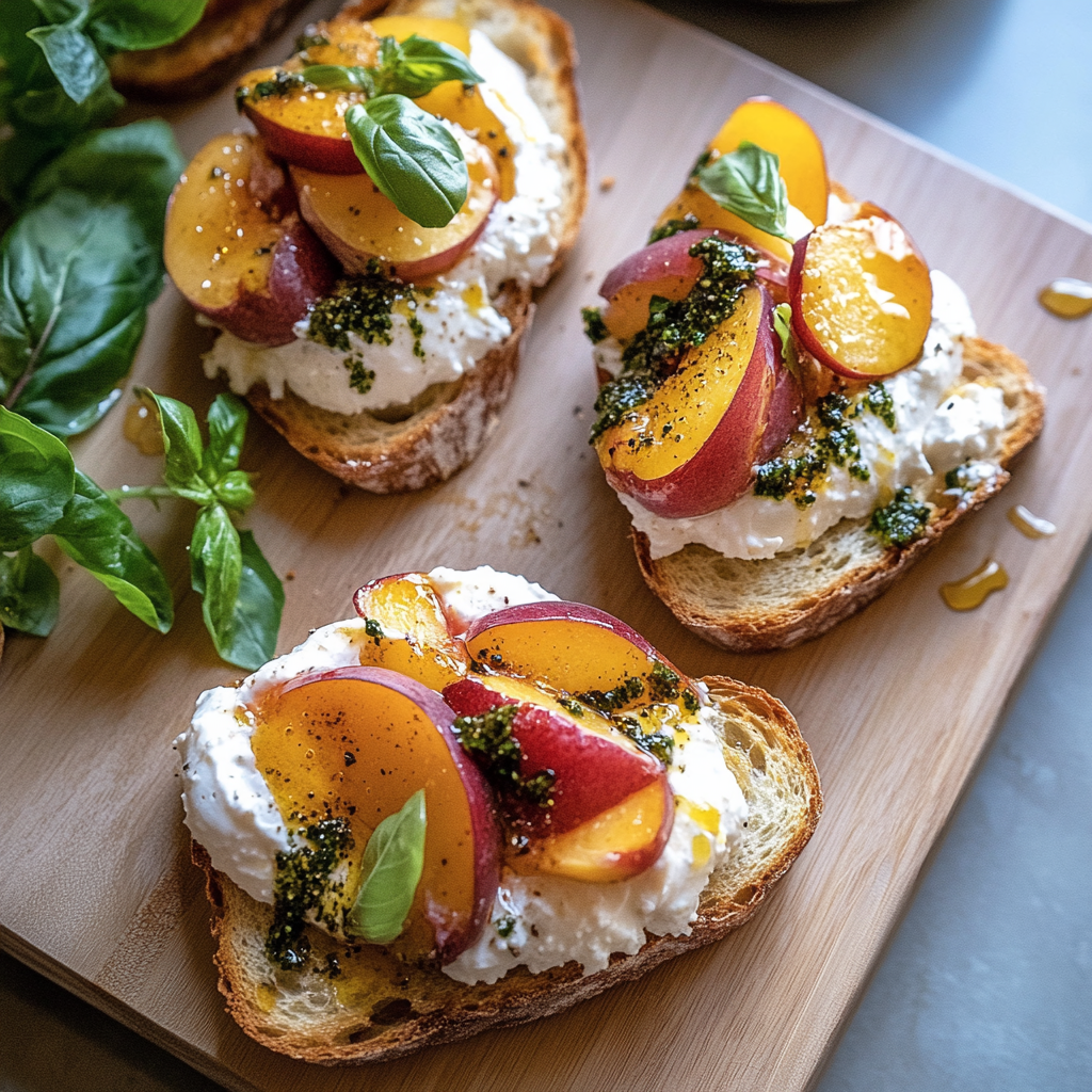 Recipe preparation for Peach Burrata Parmesan Crostini with Hot Honey