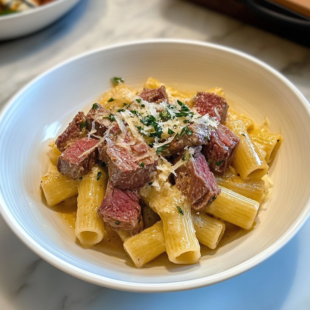 Recipe preparation for Garlic Steak Pasta