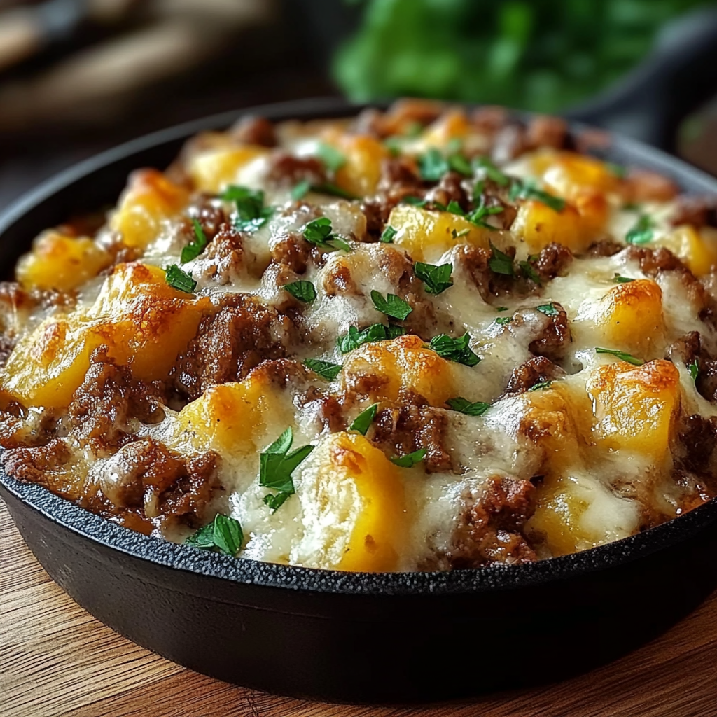 Recipe preparation for Cheesy Meat Potato Skillet