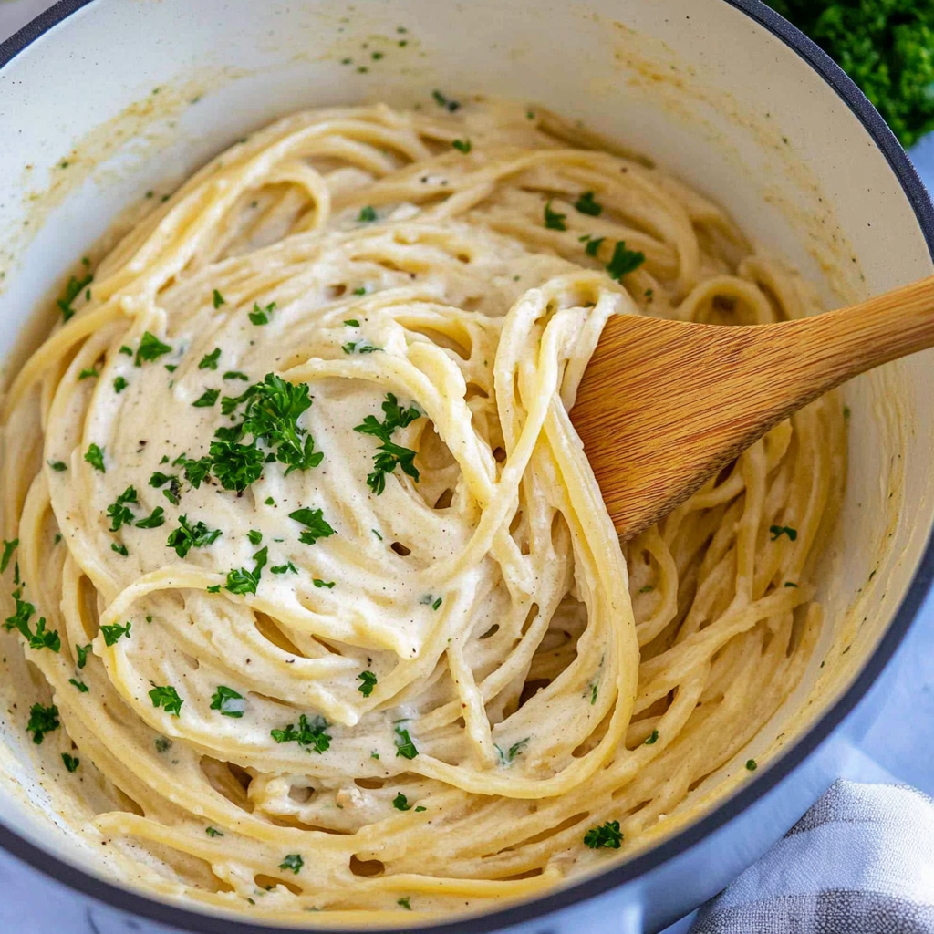 Recipe preparation for Creamy Garlic Pasta