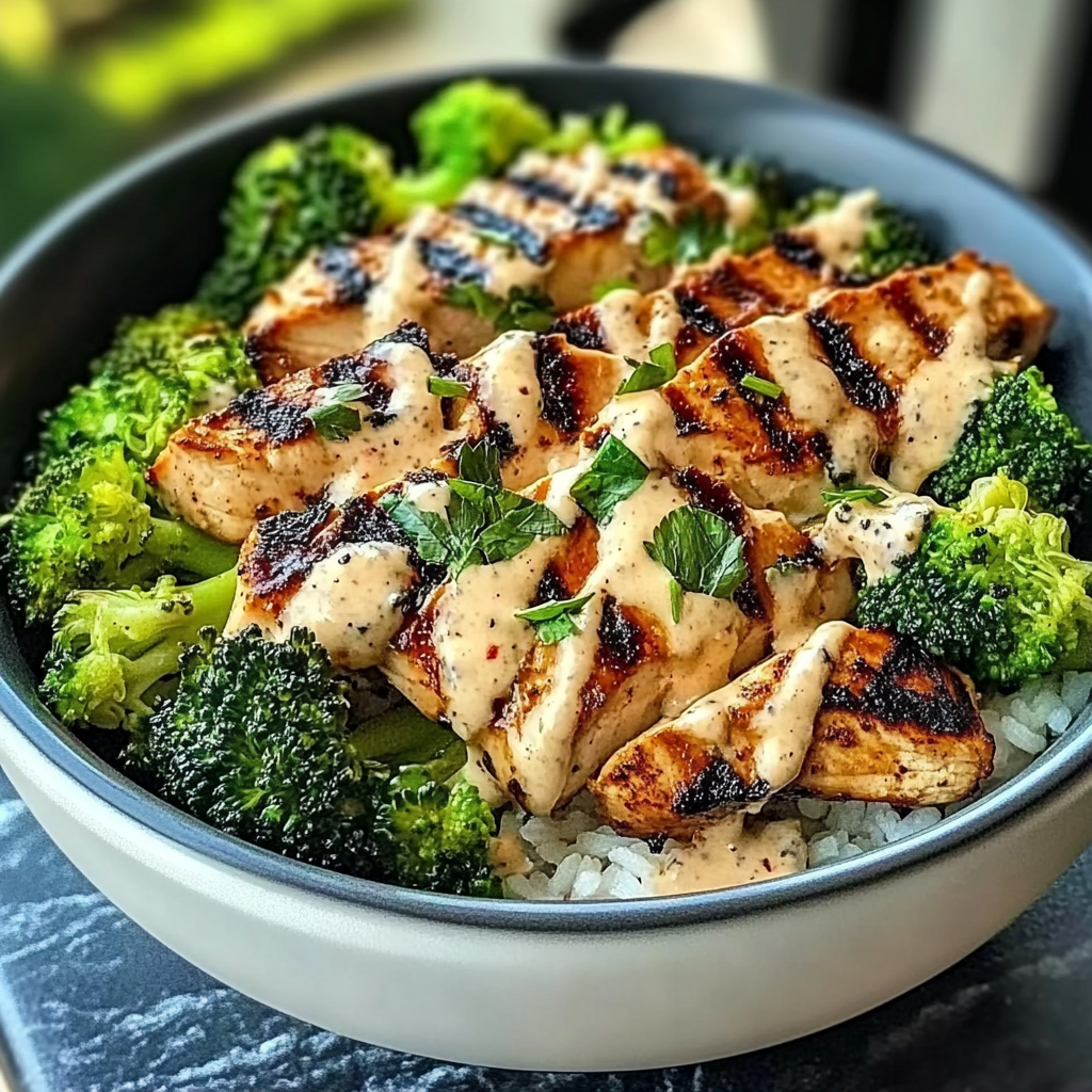 Recipe preparation for Grilled Chicken & Broccoli Bowls with Creamy Garlic Sauce