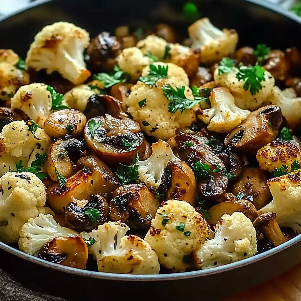 Recipe preparation for Garlic Cauliflower Mushroom Skillet