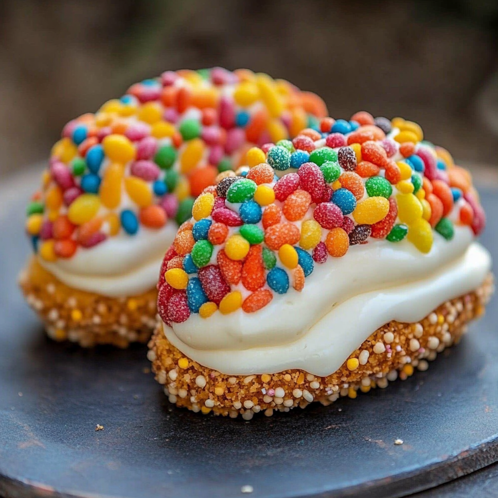 Recipe preparation for Fruity Pebbles Cheesecake Tacos