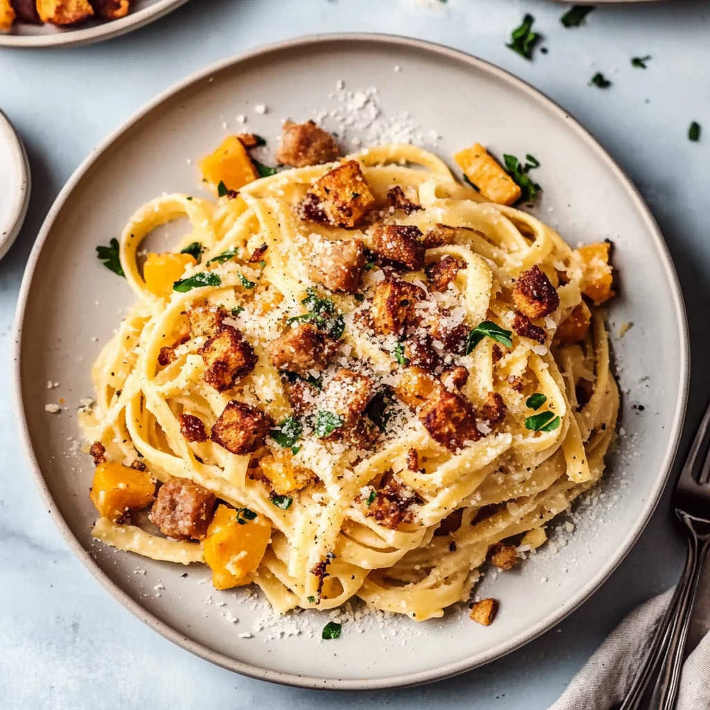 Recipe preparation for Creamy Butternut Squash Pasta with Sausage