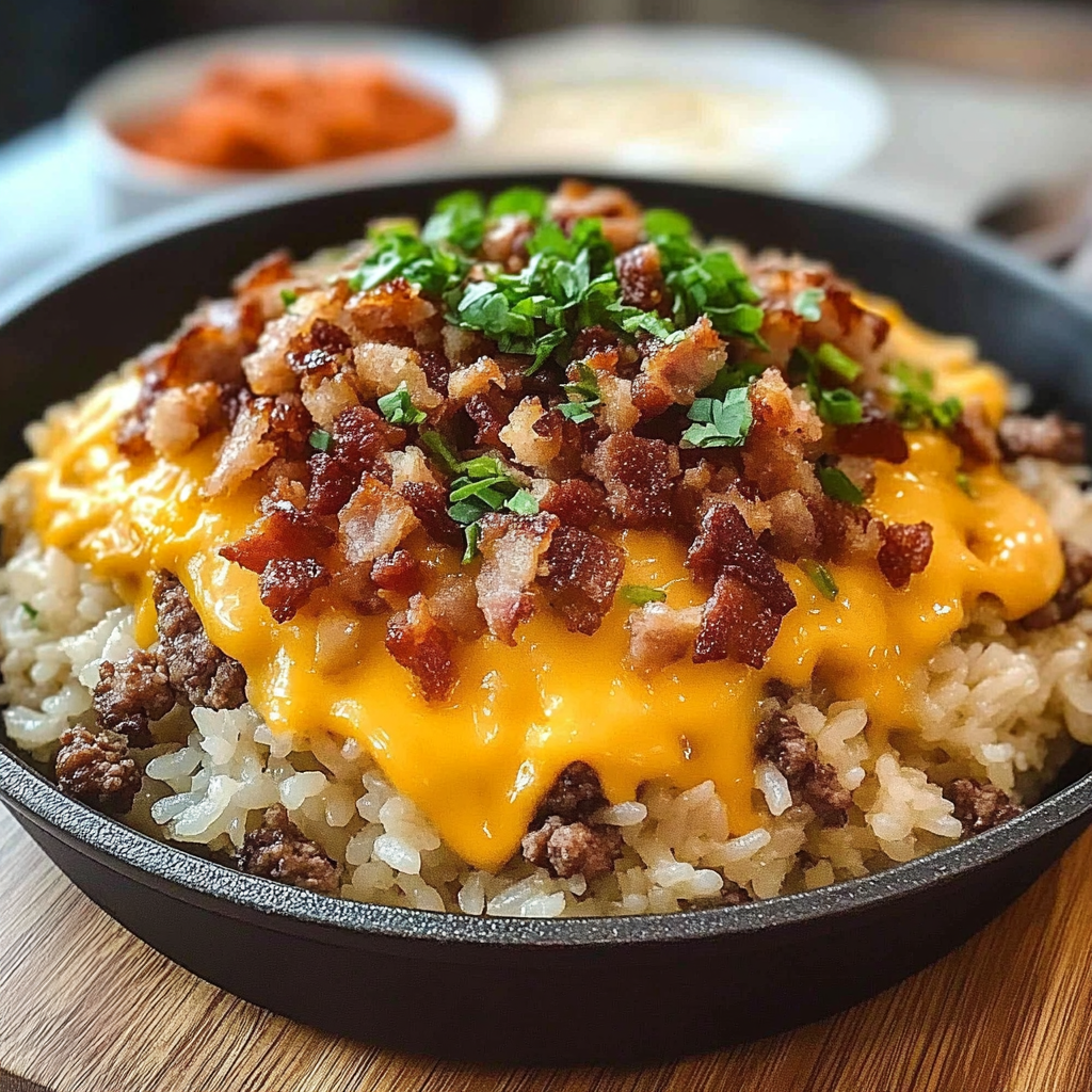 Recipe preparation for Bacon Cheeseburger Rice Skillet