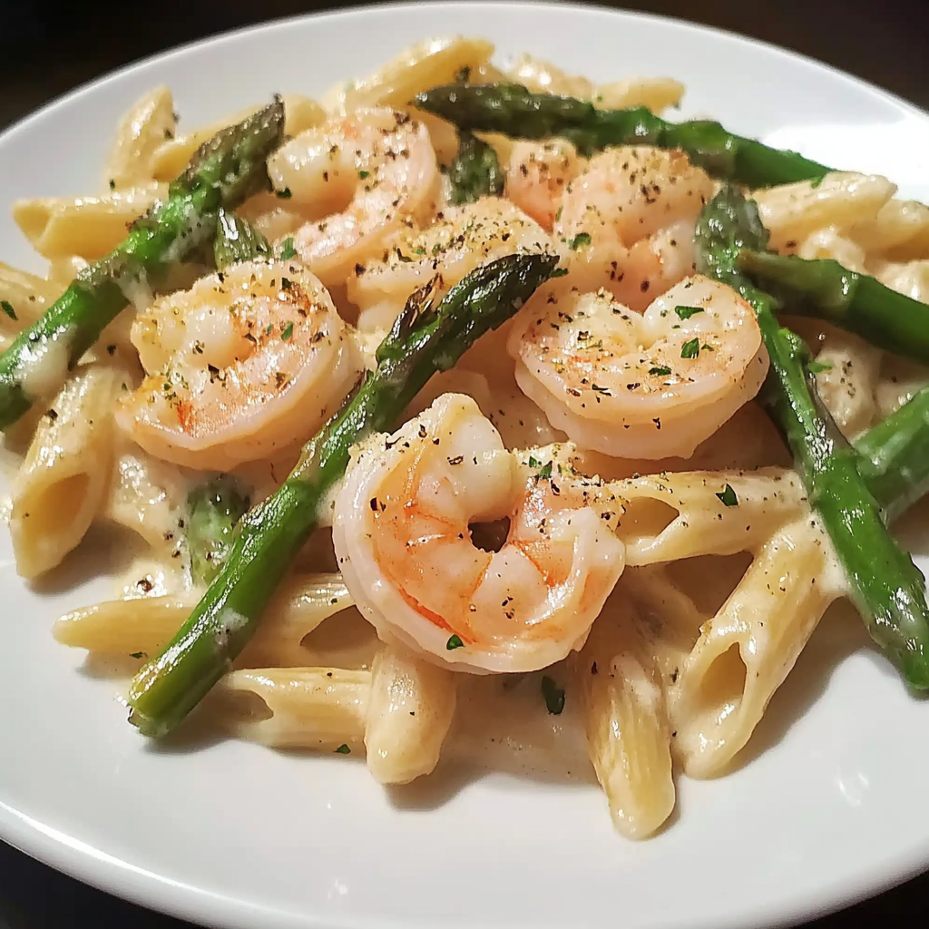 Recipe preparation for Creamy Shrimp and Asparagus Pasta