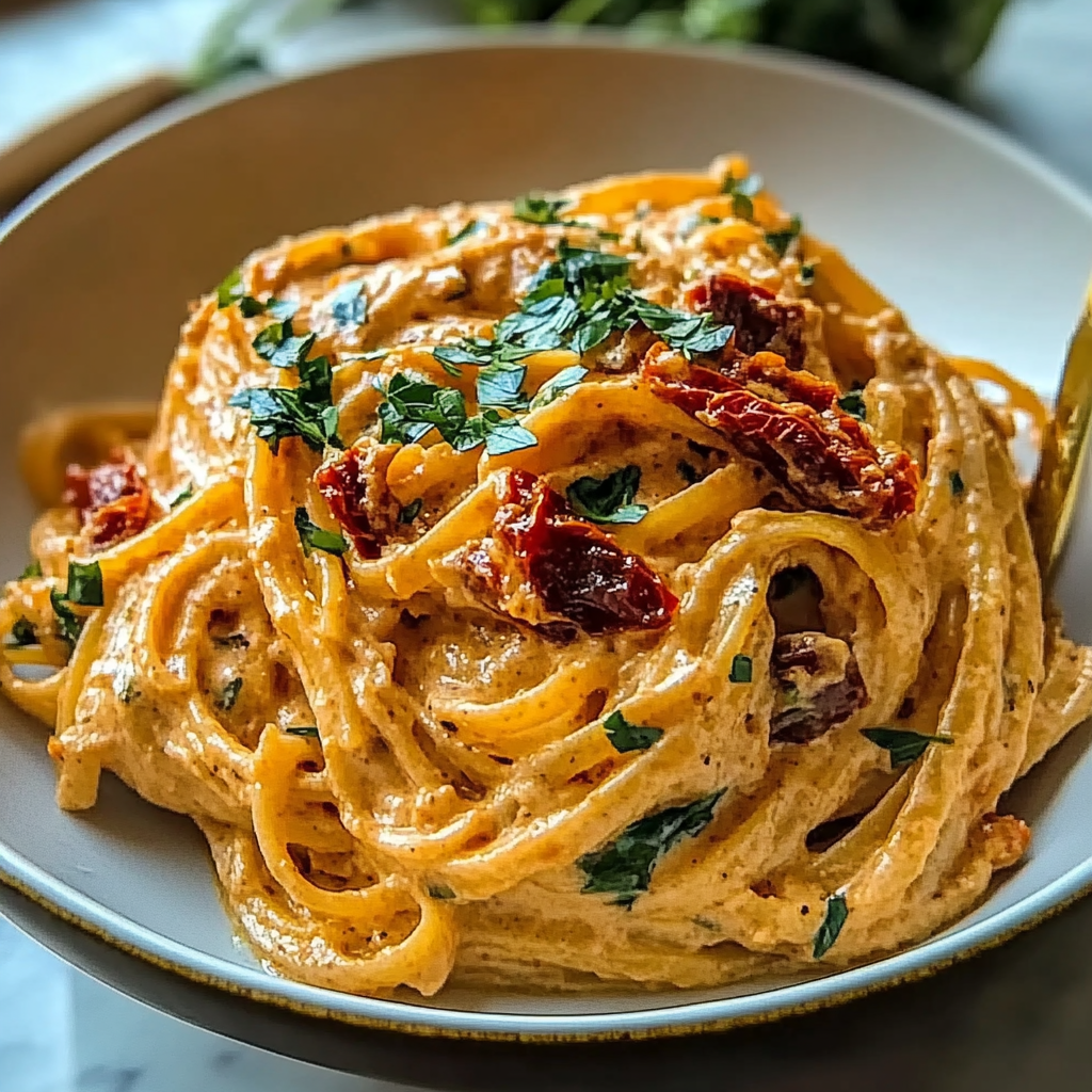 Recipe preparation for Creamy Sun-Dried Tomato Vegan Pasta