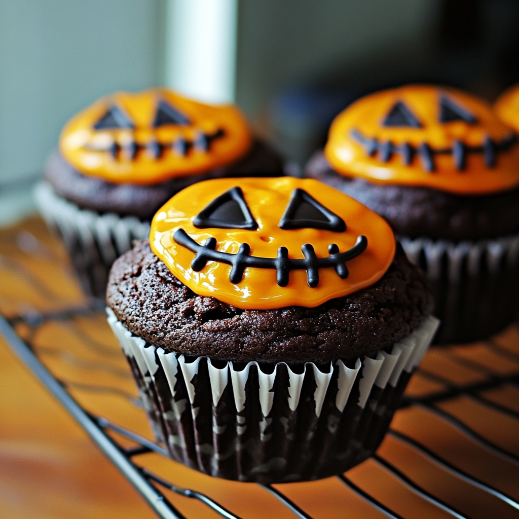 Recipe preparation for Spooky Jack-O-Lantern Cupcakes