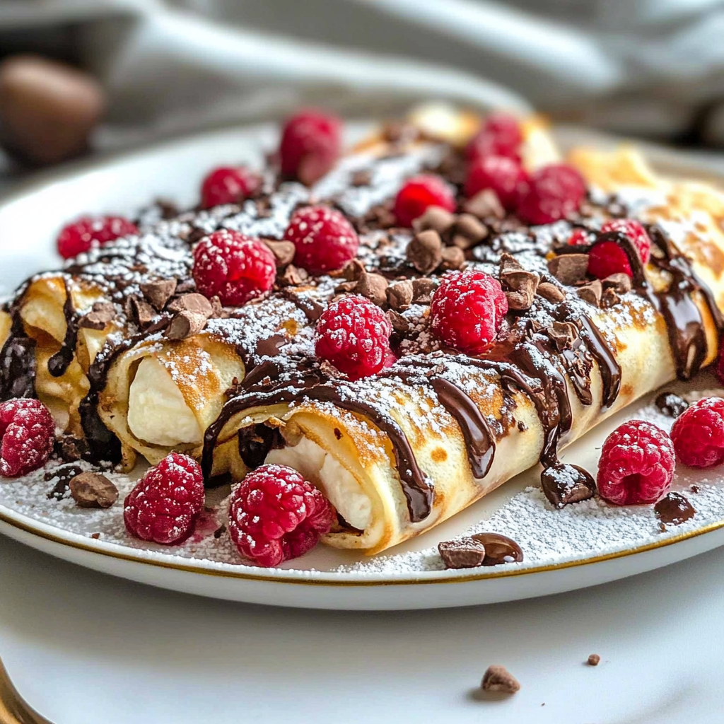 Recipe preparation for Raspberry Chocolate Cheesecake Crepe Rolls