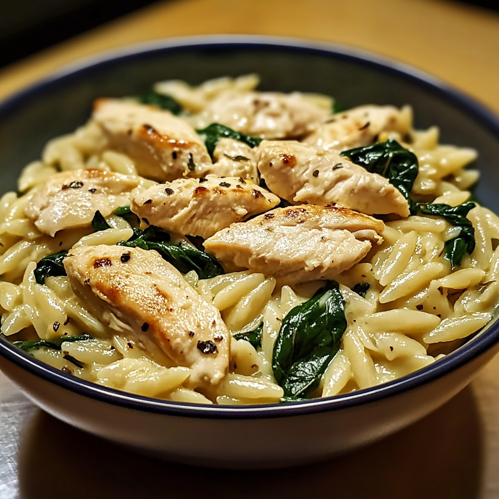 Recipe preparation for Creamy Chicken and Spinach Orzo