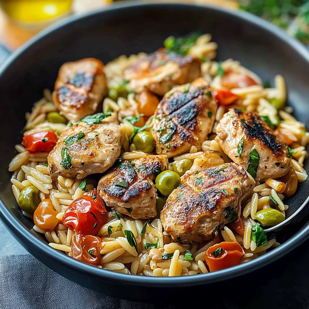 Recipe preparation for Mediterranean Chicken Orzo