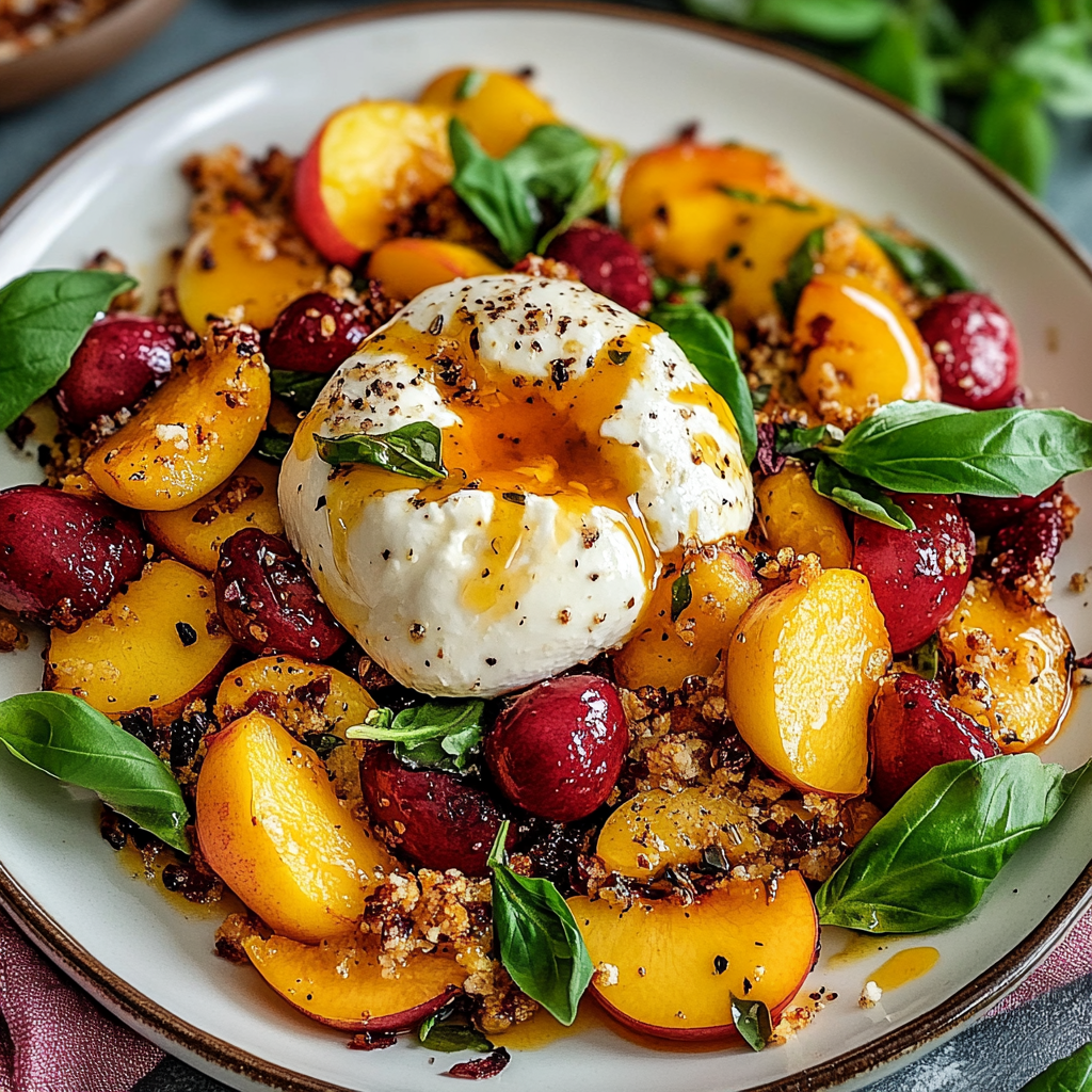 Recipe preparation for Peach Burrata Salad