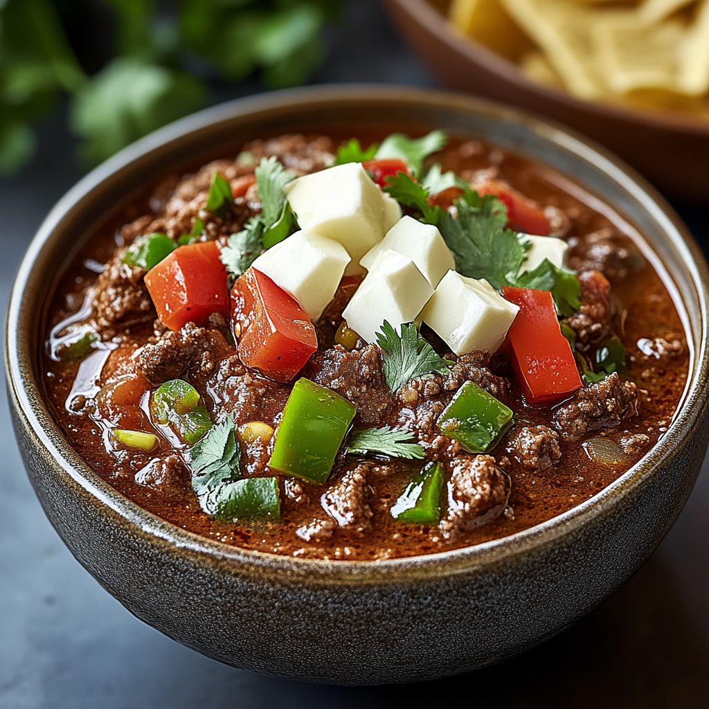 Recipe preparation for Smoky Beef and Poblano Pepper Chili