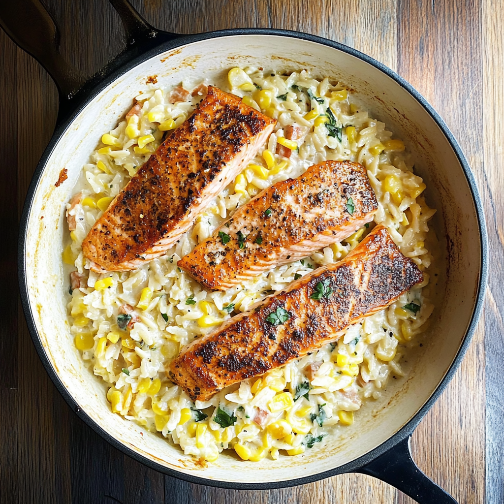 Recipe preparation for Creamed Corn Orzo with Salmon