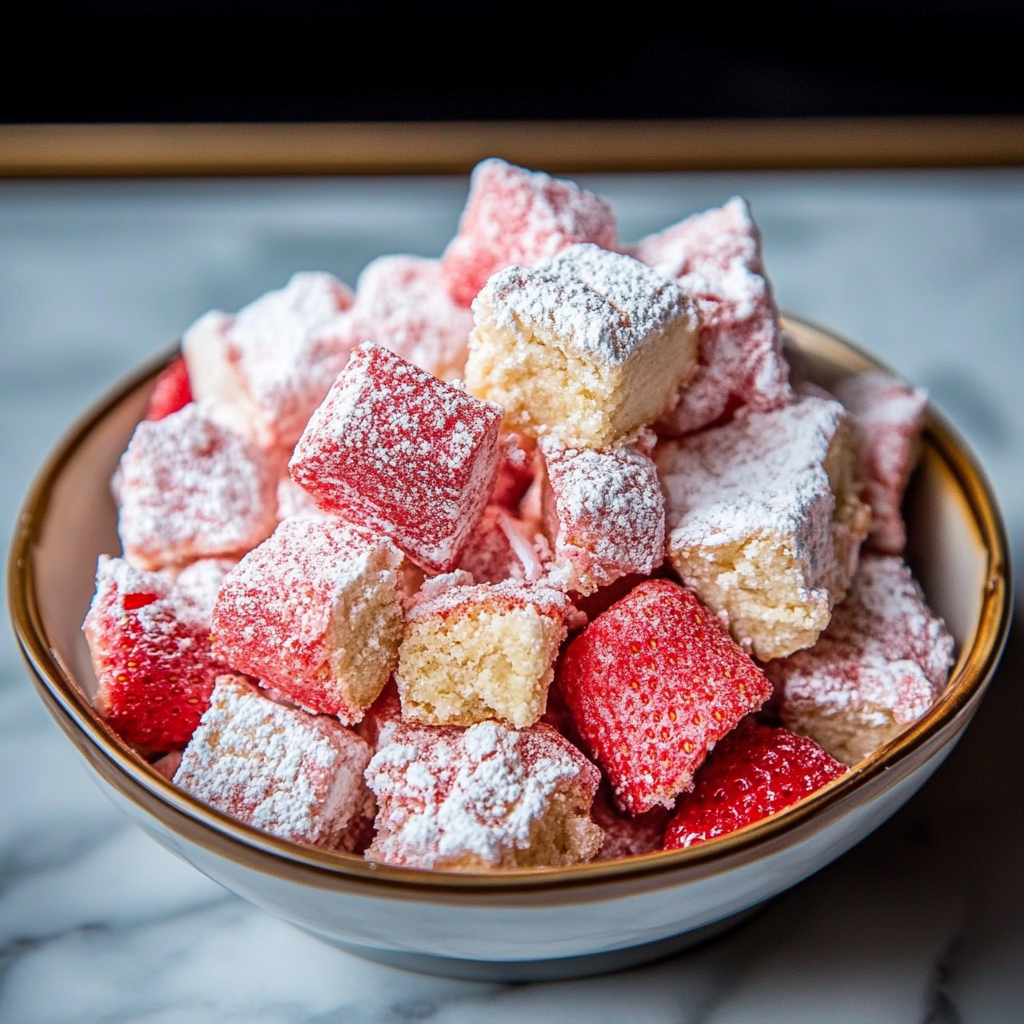 Recipe preparation for Strawberry Shortcake Puppy Chow