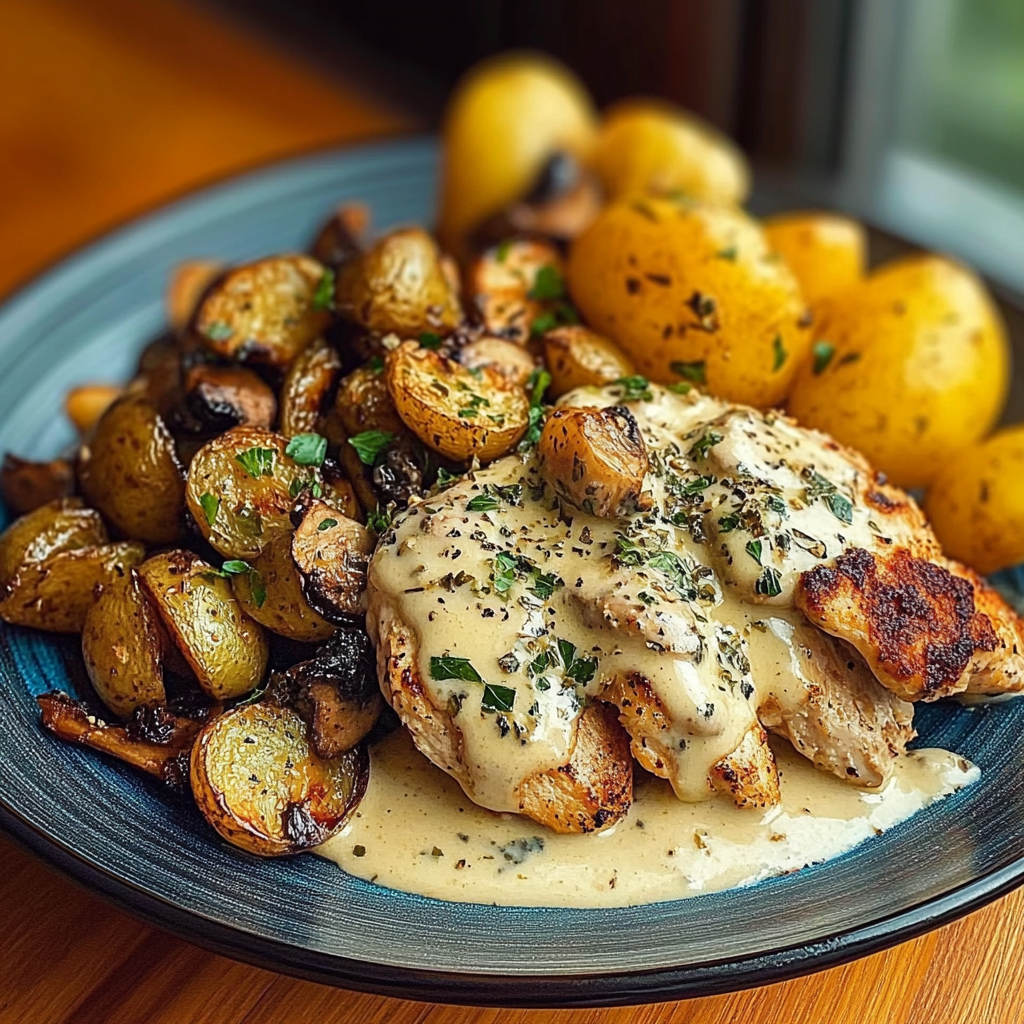 Recipe preparation for Chestnut Garlic Greek Chicken Alfredo with Sage Potatoes & Mushroom Basil Pesto Cream