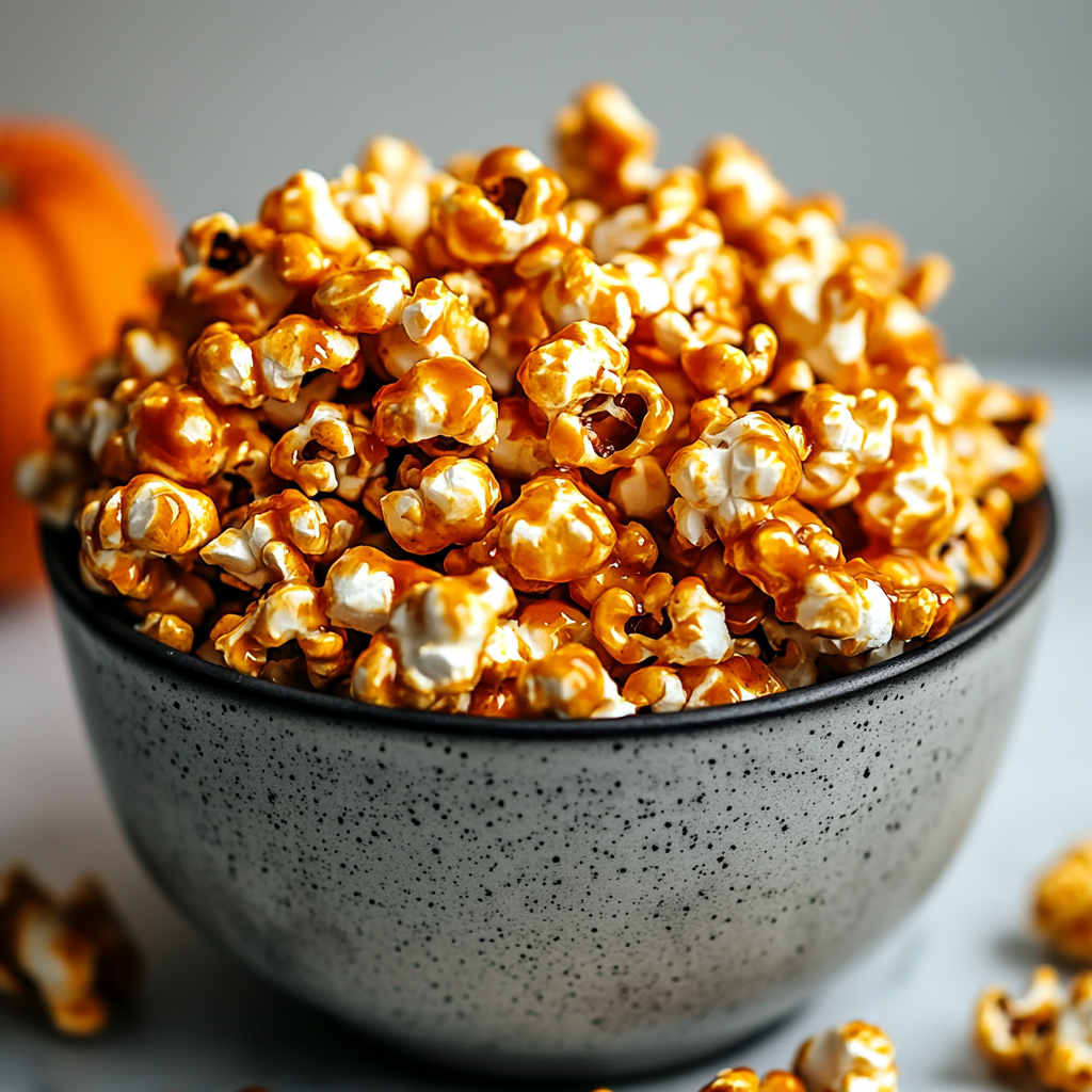 Recipe preparation for Pumpkin Spice Caramel Popcorn